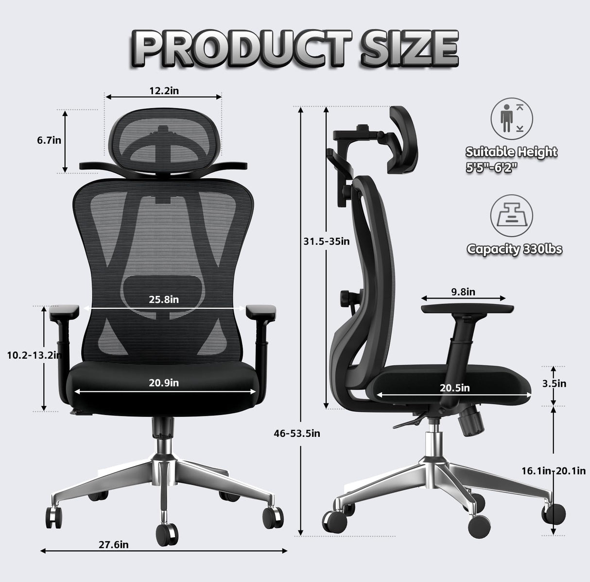 Office Chair, High Back Mesh Desk Chair with Adjustable Lumbar Support, 135° Rocking