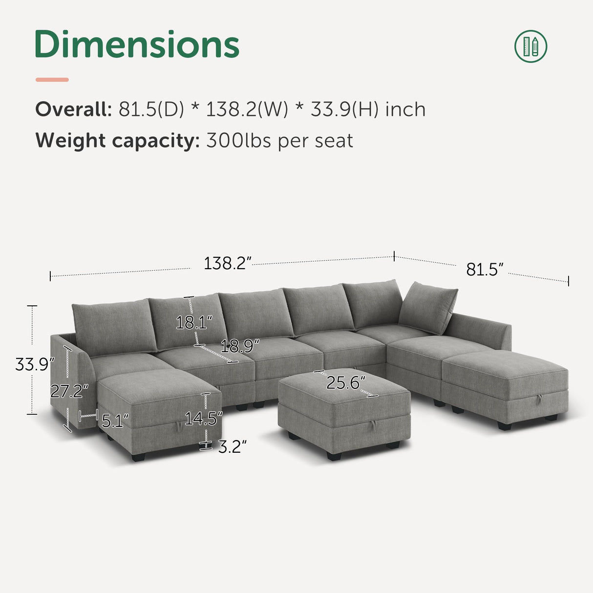 Oversized Modular Sectional Sofa with Storage Seats Reversible Sectional Couch with Ottomans U Shaped Modular Sectional Couch for Living Room, Grey