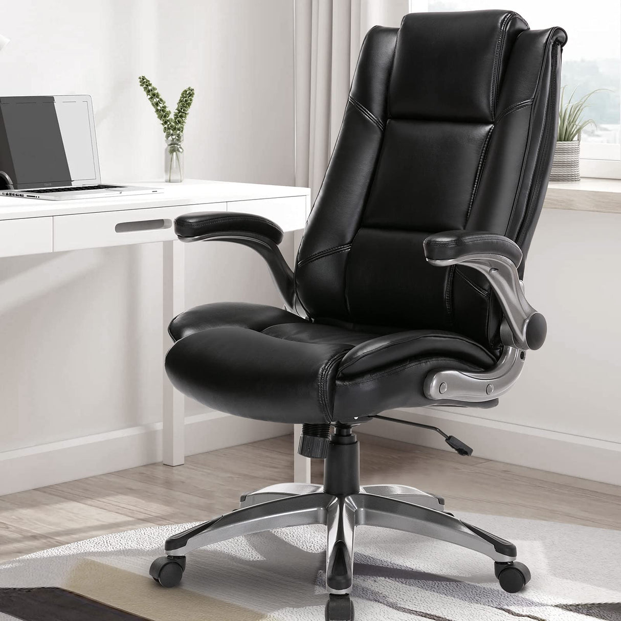 High Back Office Chair PU Leather Executive Swivel Computer Desk Chair Flip-up Arms