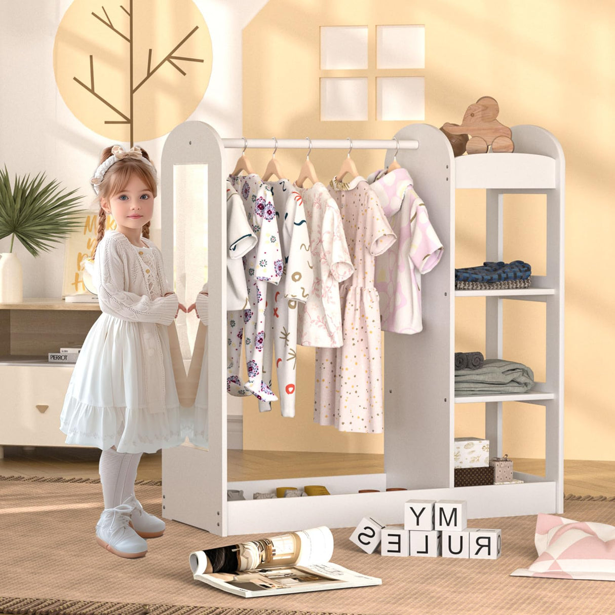 Kids Dress up Storage with Full Length Mirror, Kids Armoire Wardrobe Closet