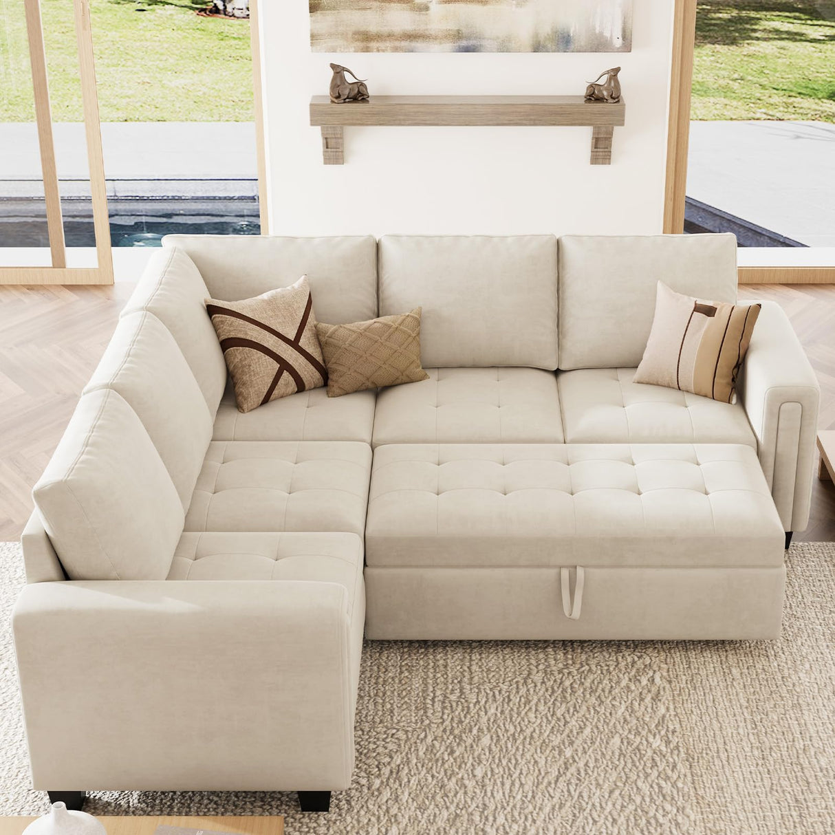 Belffin Modular Sectional Sleeper Sofa with Pull Out Couch Bed Velvet Convertible L Shaped Sectional Couch for Living Room Apartment Beige