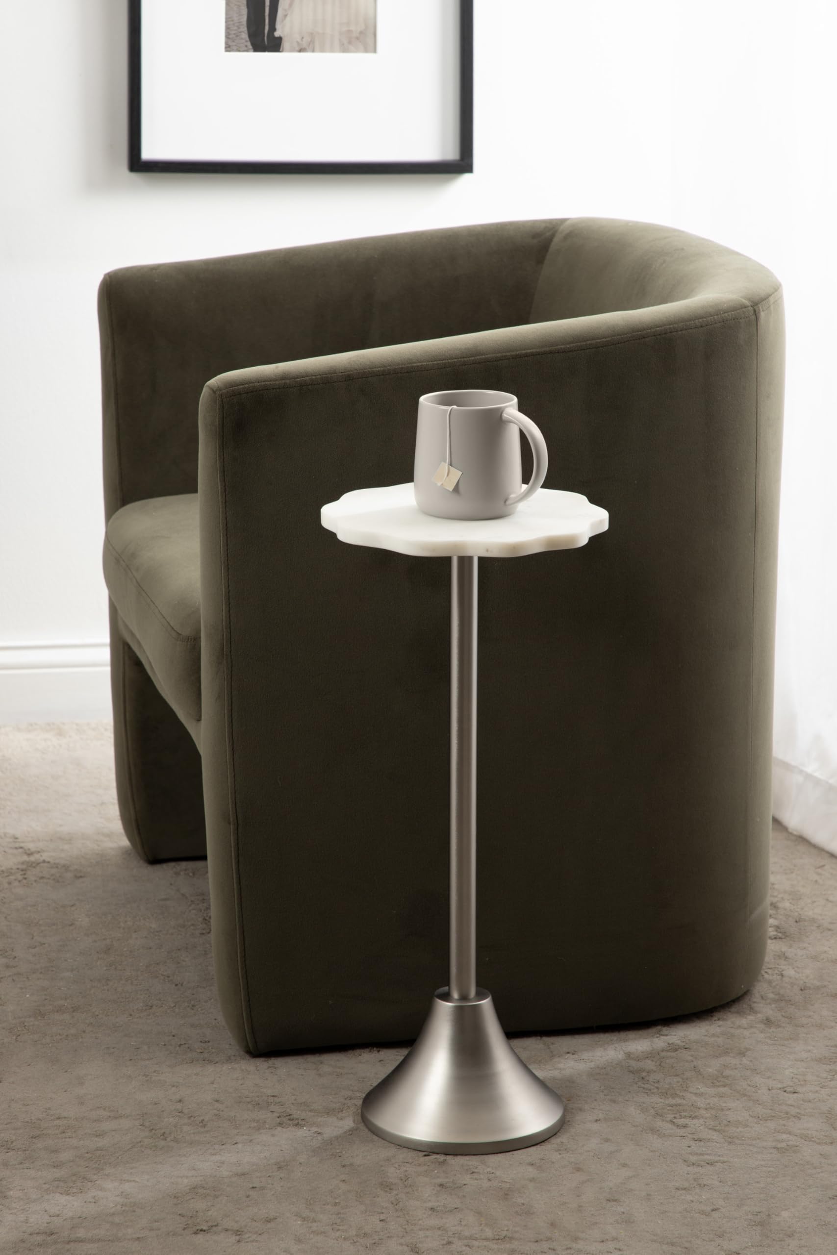 Sanzo Modern Pedestal Drink Table, 10 x 10 x 23, White Marble and Silver