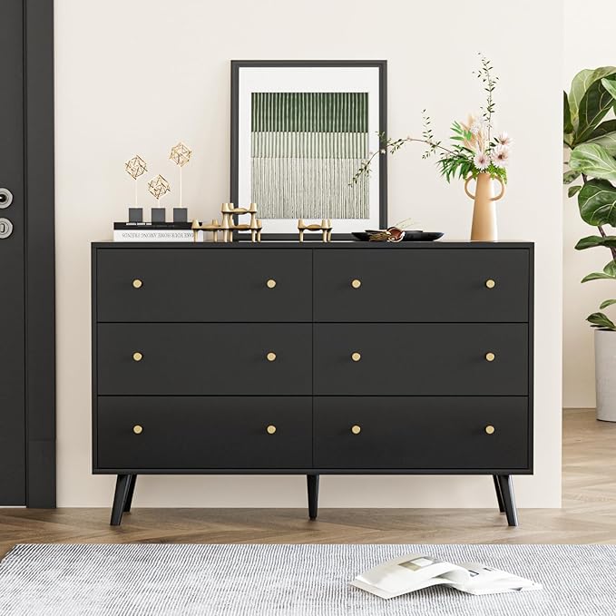 7 Drawers Dresser for Bedroom, 55'' Dressers & Chests of Drawers with Gold Handles and 7 Large Drawer, Modern Double Wooden Storage Organizer Cabinet, Hallway, Black