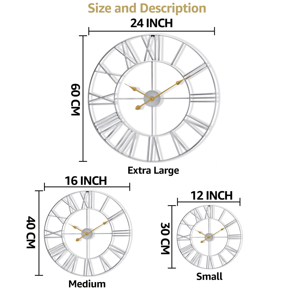 Large Wall Clock for Living Room Decor, (40CM) 16 Inch Wall Clock Decorative, Metal Analog Roman Numeral Wall Clock Modern Wall Clocks - Large Clock Home Decor (Silver)