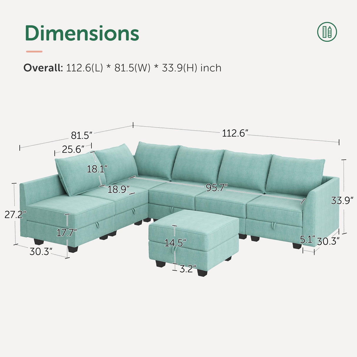 Modular Sectional Sofa with Storage Ottoman Fabric Modular Couch