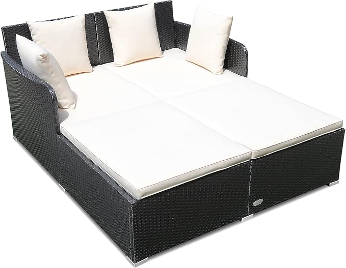 Rattan Patio Outdoor Daybed, Wicker 2-Person Sunbed Loveseat with Soft Cushions