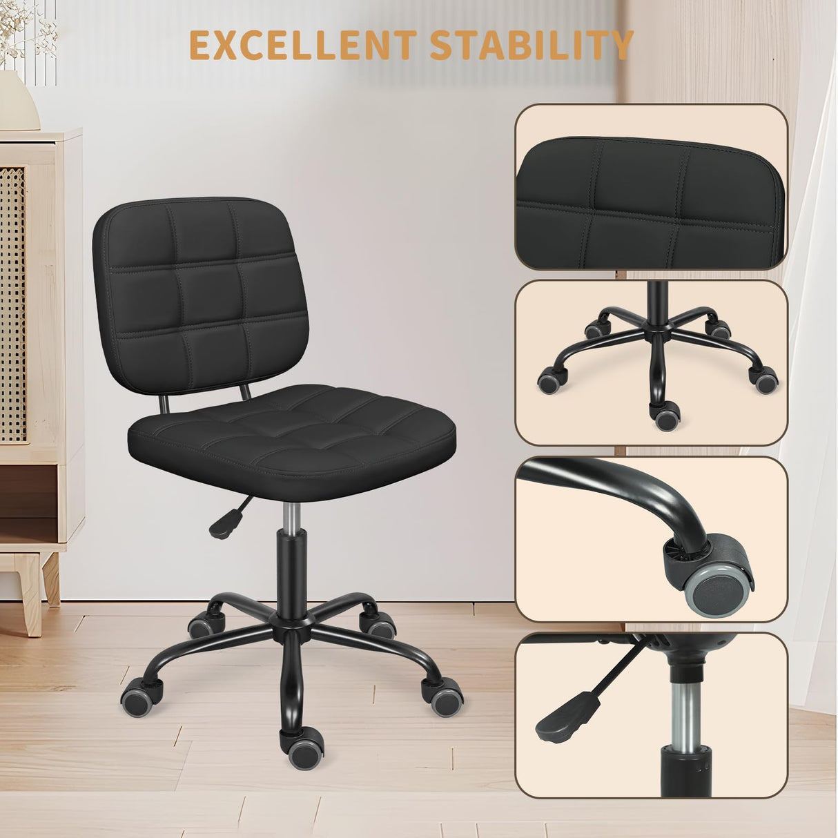 Armless Home Office Desk Chair with Wheels, Modern Ergonomic Drafting Rolling Chair