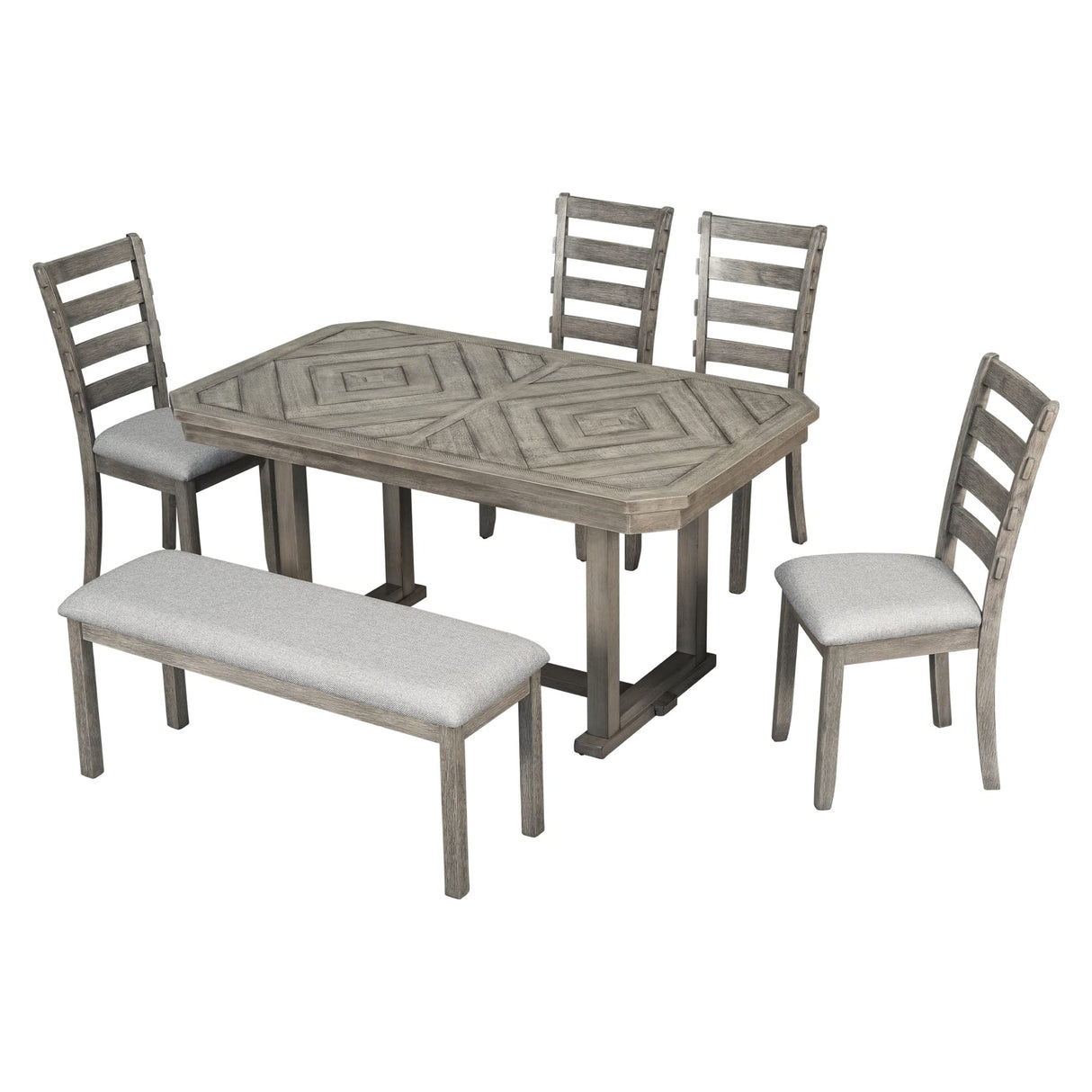 6, Rectangular Dining Table with Upholstered Chairs and Bench, 6-Piece Table Set for Dining Room and Kitchen, Retro Dining