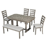 6, Rectangular Dining Table with Upholstered Chairs and Bench, 6-Piece Table Set for Dining Room and Kitchen, Retro Dining