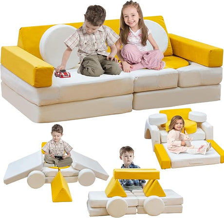 Modular Kids Play Couch, Kids Couch with Washable Velvet Cover, Modular Couch for Boys and Girls, Convertible Foam and Floor Cushion for Nursery Playroom, Pink & Beige