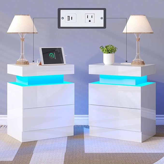 Nightstand Set of 2 with Charging Station and LED Light, Modern Side Table with 2 Drawers and Open