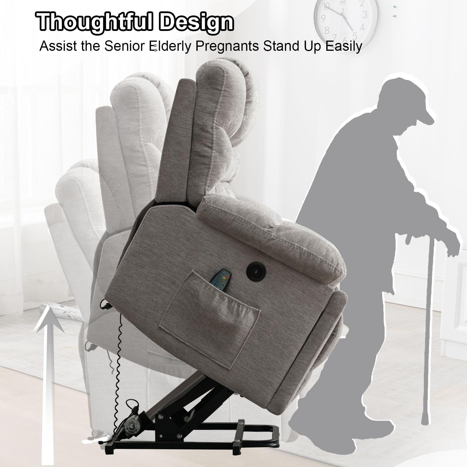 StoneCraft Light Grey Power Lift Recliner Chair with Massage, Heat and Cup Holders