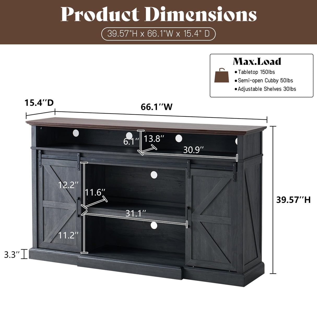 66" Farmhouse TV Stand for 75 Inch TVs, 40" Tall Entertainment Center with Sliding Barn