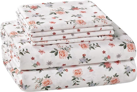 Queen Sheet Set 6 Pieces (Pink Rose Floral), Cottage Core Botanical Patterned Sheets,