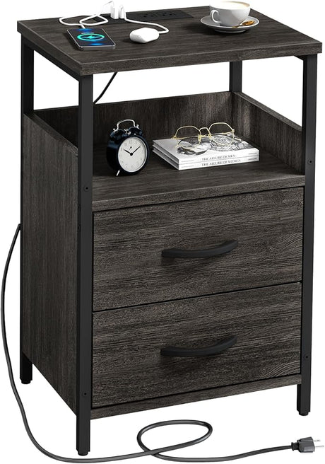 LED Nightstand with Charging Station, Side Table with USB Ports and Outlets