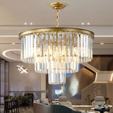 Gold Modern Crystal Chandelier, 3-Tier Round Flush Mount Ceiling Light Fixtures Height