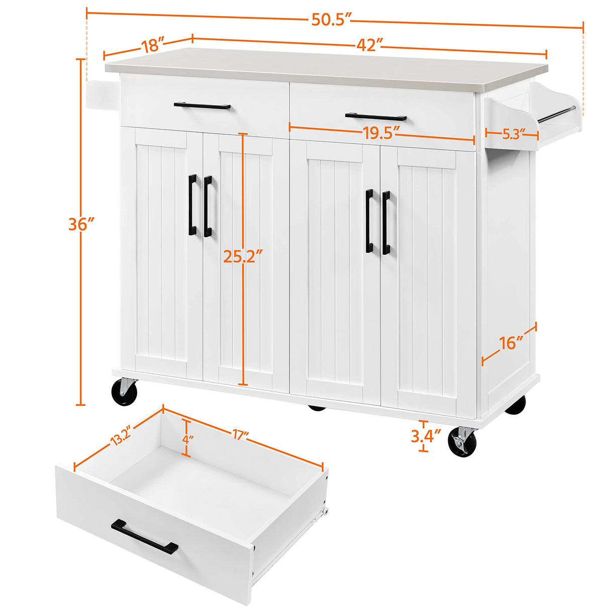 Kitchen Island Cart with Stainless Steel Countertop, 50.5" Width Kitchen