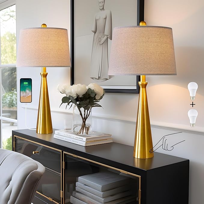 25.75” Modern Table Lamps with USB Port Set of 2 Accent Gold Nightstand Lamp