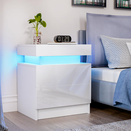 LED Nightstand White Nightstand with Led Lights Modern Night Stand with 2 High Gloss