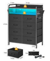 Dresser with Power Outlets and LED Lights, 8 Drawers Dresser with Side Pockets