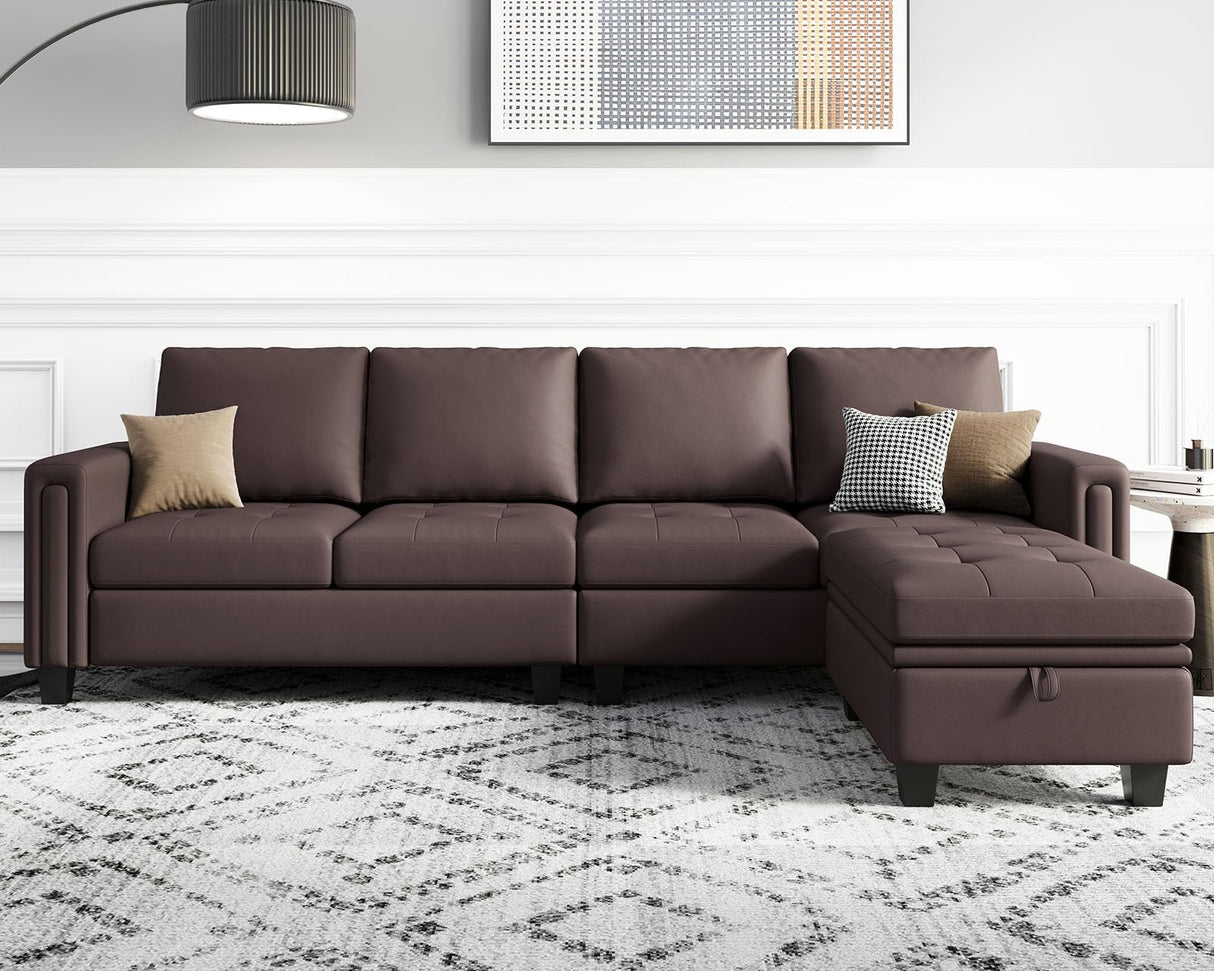 Belffin Faux Leather Convertible Sectional Sofa Couch L Shaped Couch Sofa with Reversible Chaise Leather Corner Sectional 4 Seat Sofa with Storage Ottoman Brown
