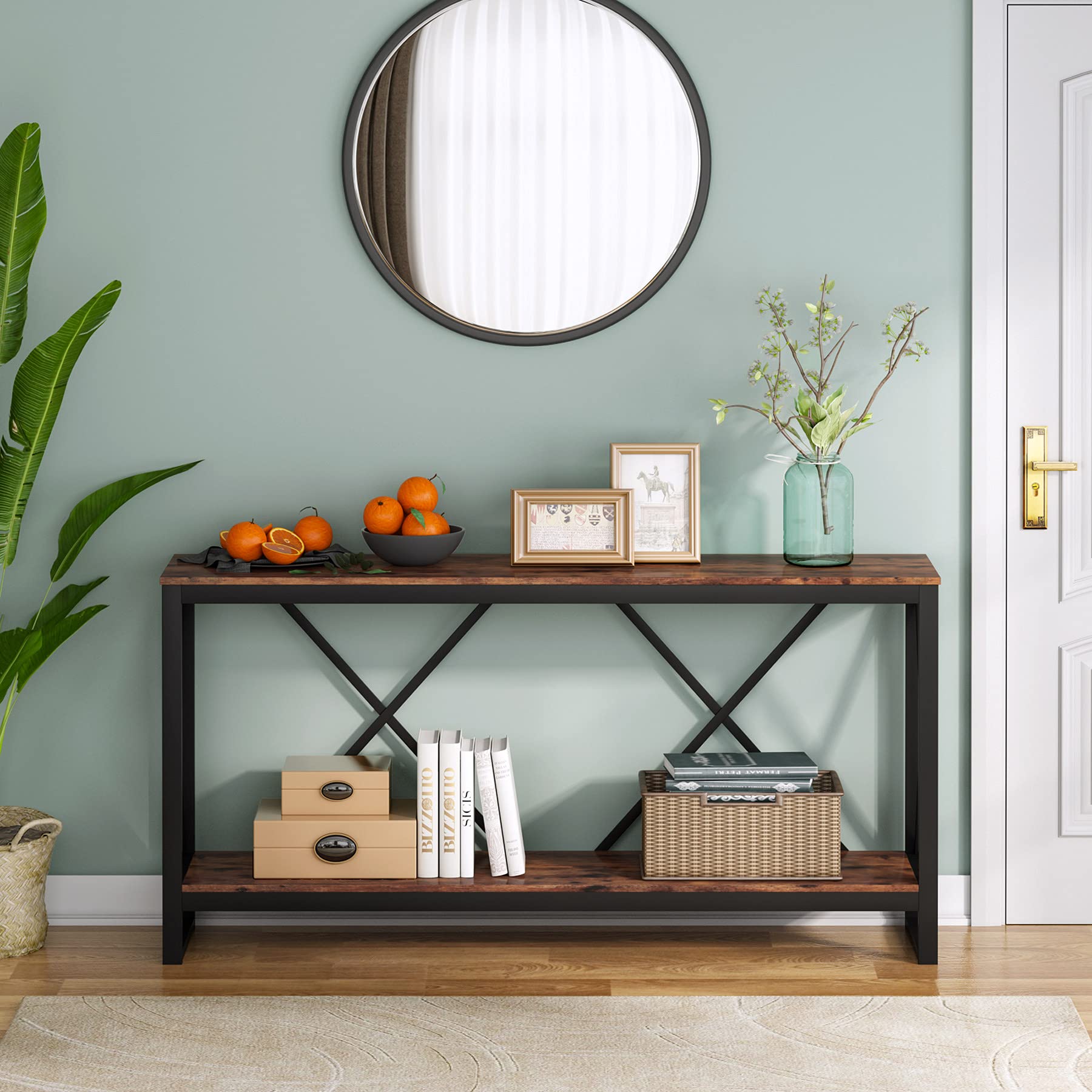 70.9 Inch Extra Long Console Table, Industrial Narrow Sofa Entry Behind Couch with Open Storage Shelf.