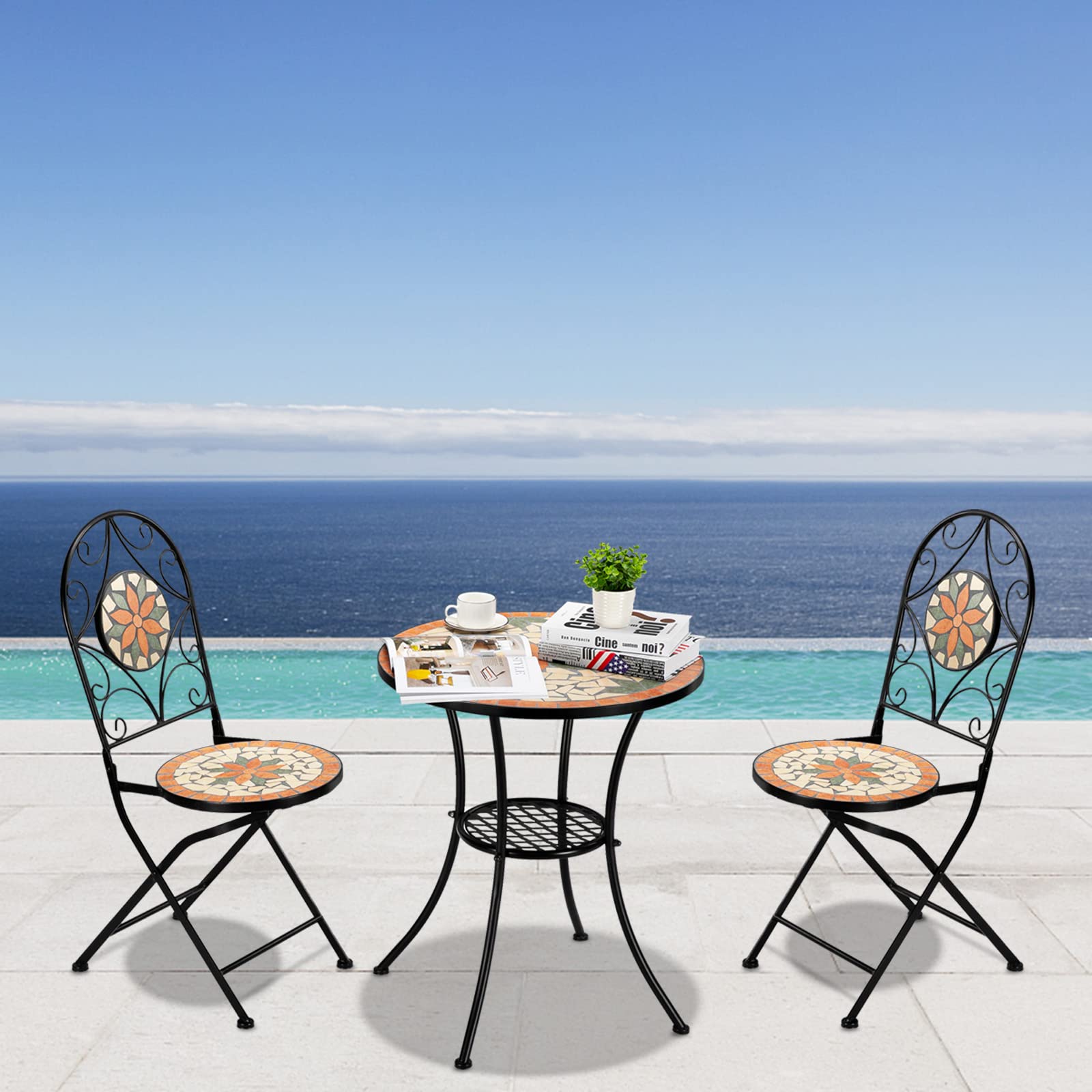 3 Pieces Garden Patio Mosaic Table, Outdoor Bistro Set with Folding Chairs