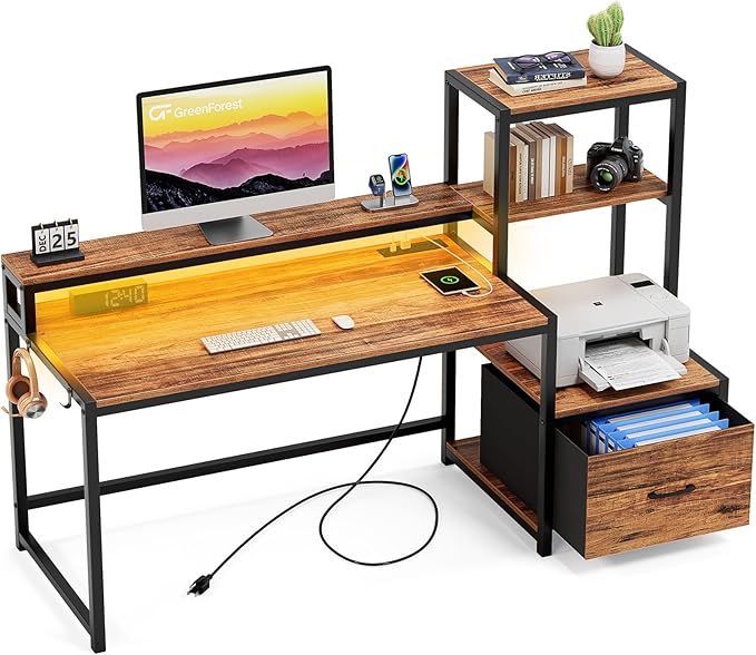 Office Desk with Power Outlets and Printer Shelf, 59 inch Computer Desk with LED and Drawer