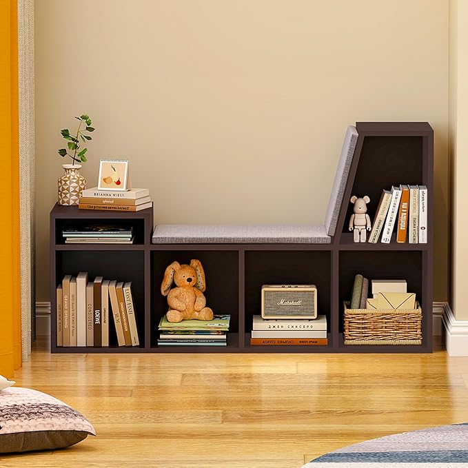 Kids Reading Nook with Bench, Toddler Bookcase with 6 Cubby and Seat Cushion