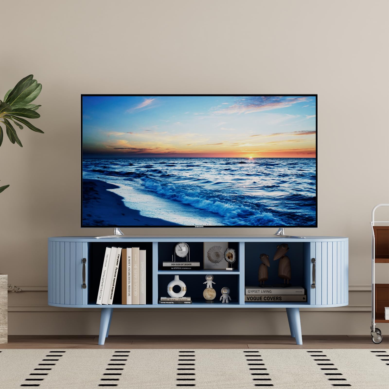 68" Fluted TV Stand with Sliding Door Storage - Light Blue