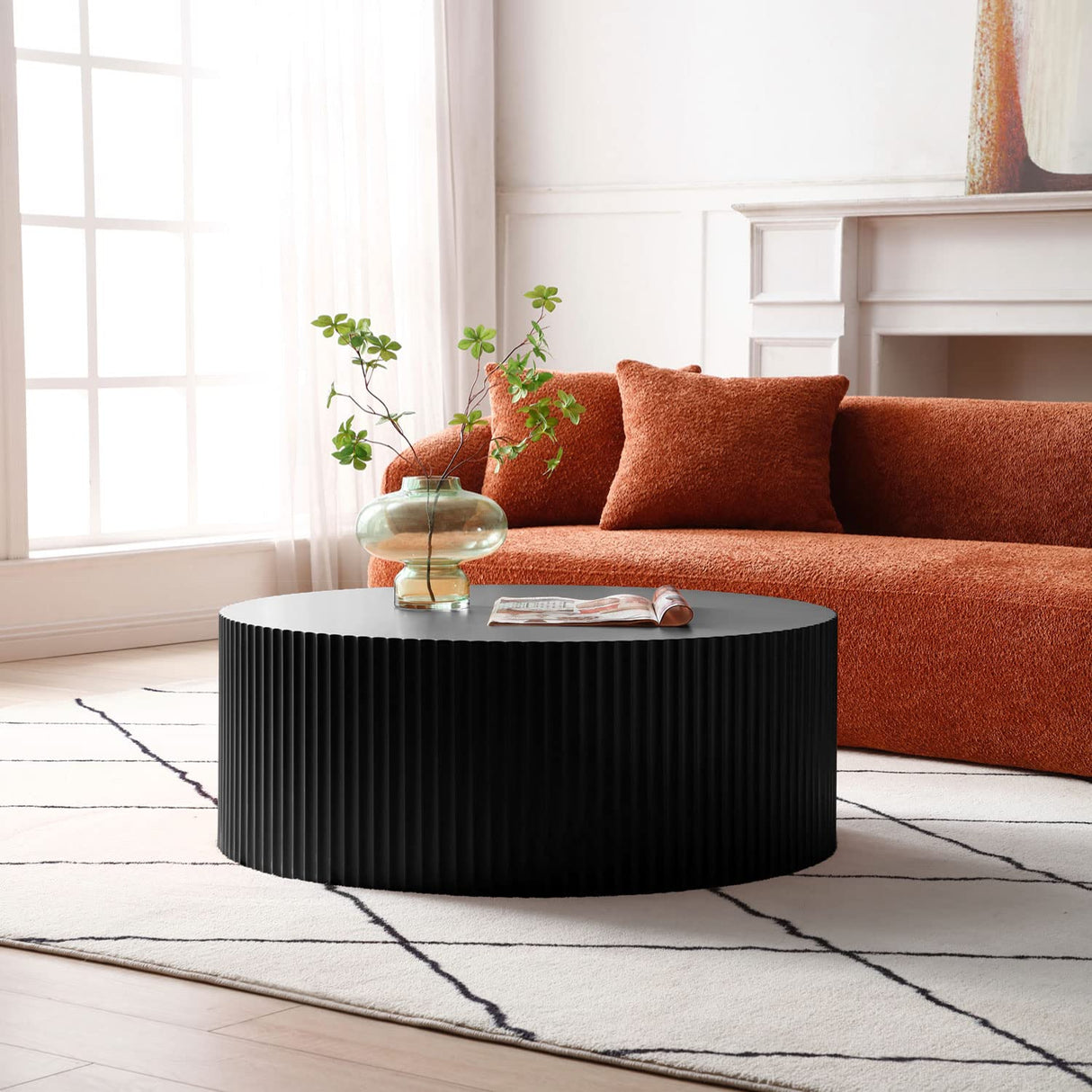 Black Round Coffee Table Modern Side Table End Table for Living Room, Wood Circle Drum Coffee Table Contemporary Living Room End Table Side Table, Matte Black (ø35.4'' x 13.7'')