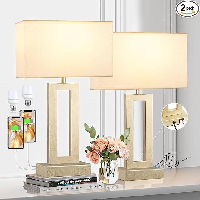 Bedroom Table Lamps Set of 2 - Touch Bedside Lamps with USB C+A, 3 Way Dimmable Gold Lamp for Nightstand,