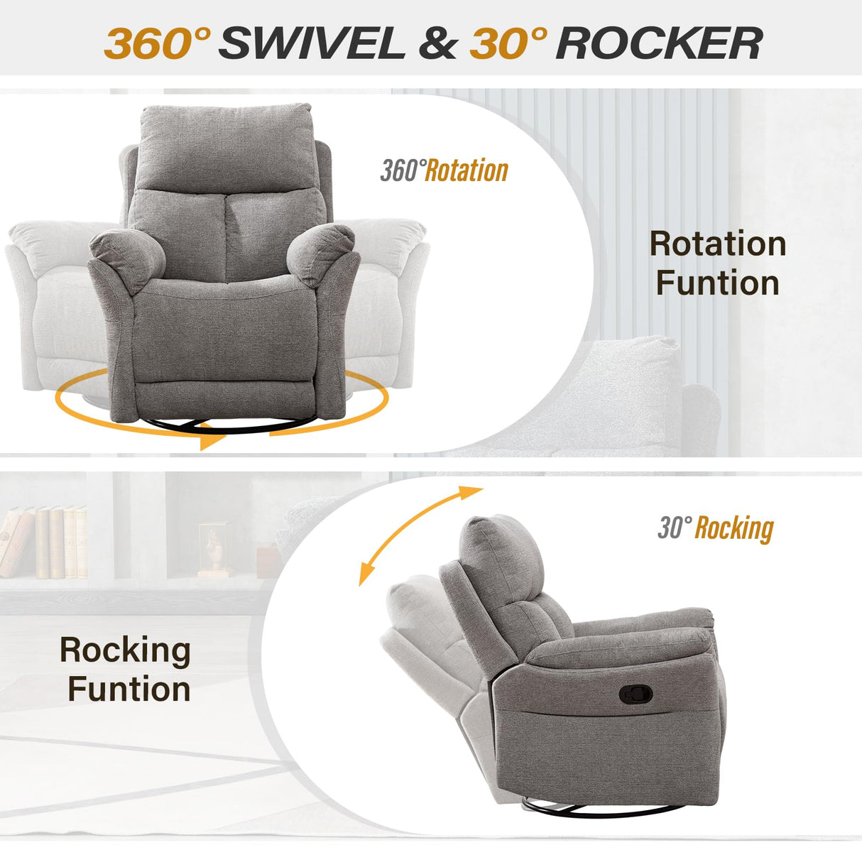 Swivel Rocker Recliner Nursery Chair, Manual Glider Rocking Recliner Chairs for Adults,