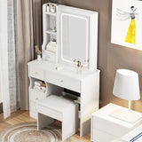 HOUAGI Small Makeup Vanity Desk with Sliding Mirror and LED Lights,Vanity Table Set with Stool,Dressing Table for Bedroom(White)