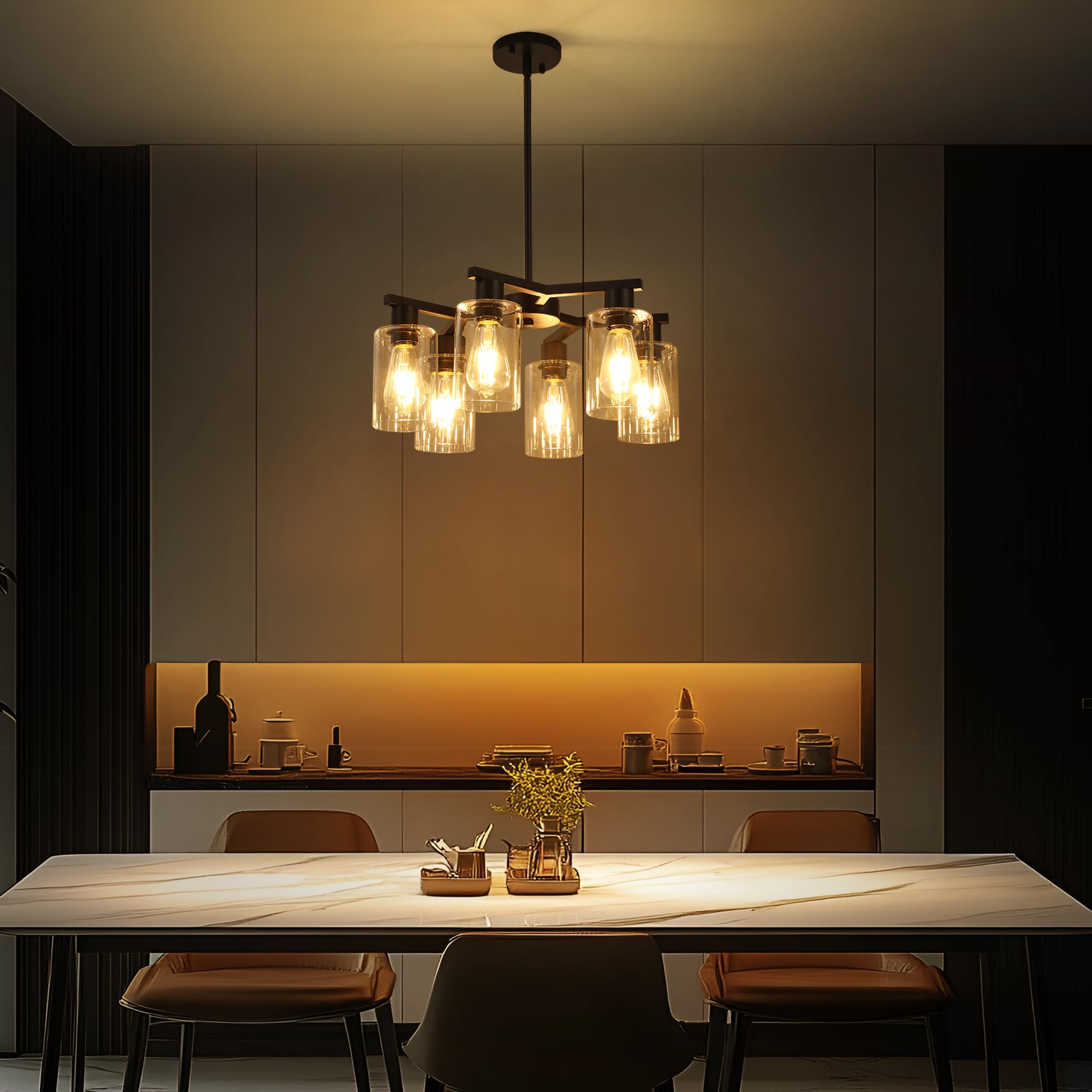 6-Light Black Modern Farmhouse Chandelier for Dining Room Ceiling Light Fixture