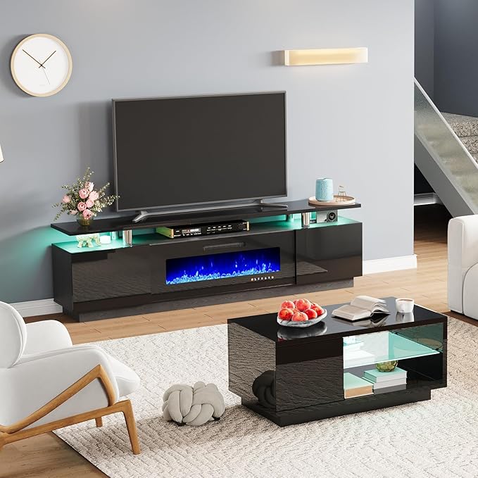 Modern High Gloss Living Room Table Sets of 3, Include 80" 2-Tier Fireplace TV Stand