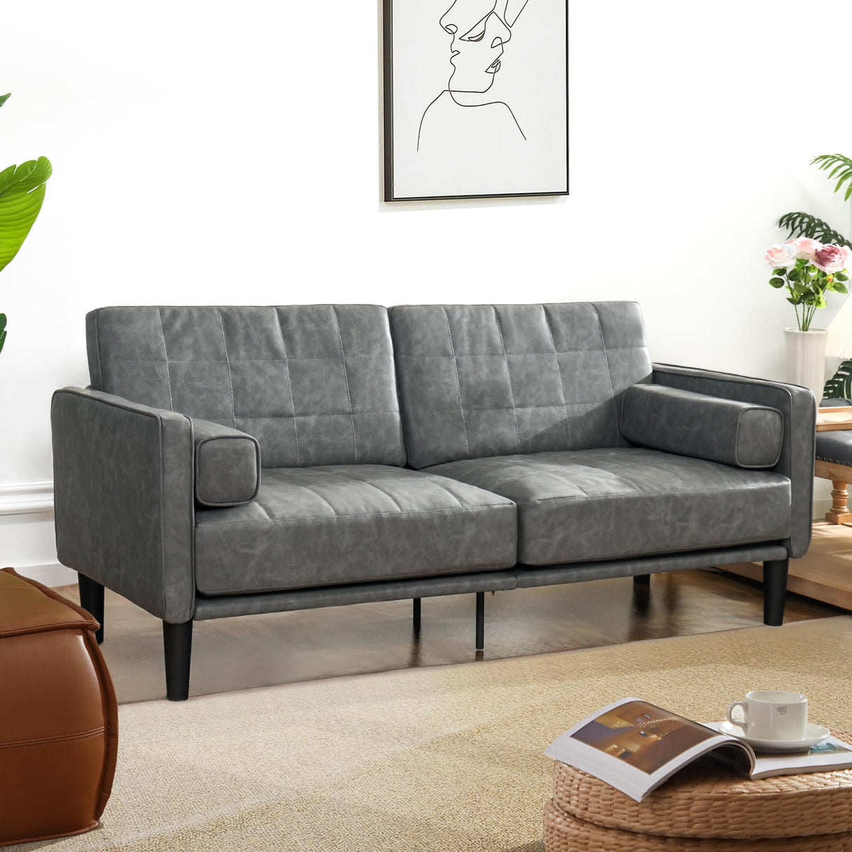 70” Mid-Century Modern Couch, Breathable Faux Leather Couch with Upholstered