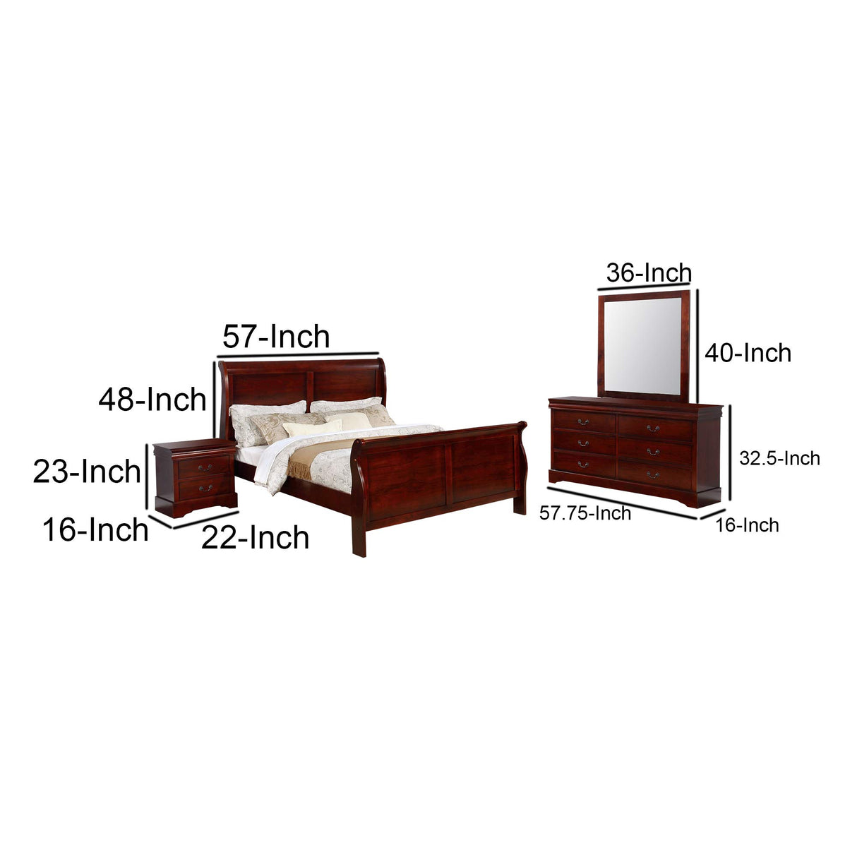 Benjara Full Size Sleigh Wooden 4 Piece Bedroom Set, Brown