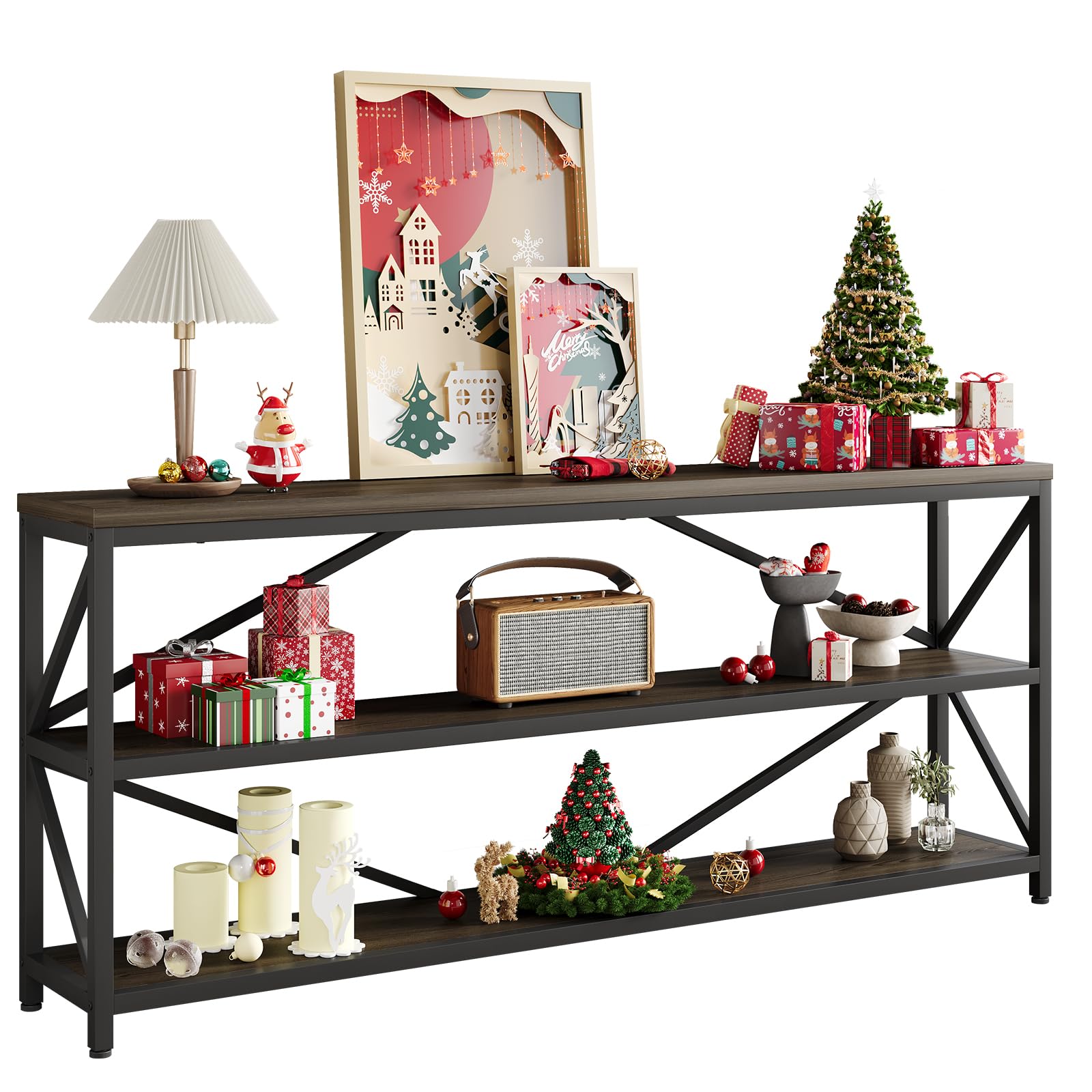 70.8" Industrial Console Table with 3-Tier Storage Shelf