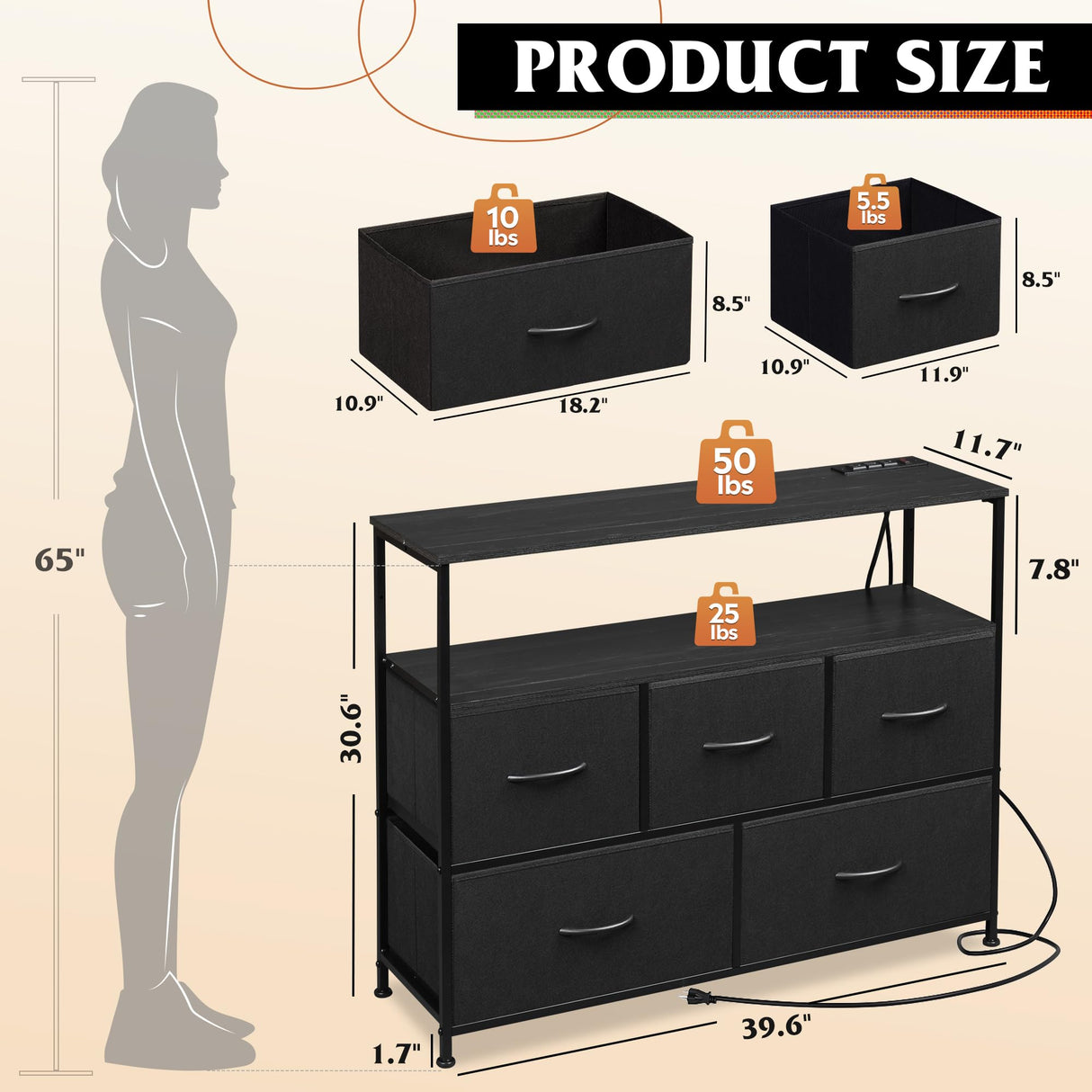 Black Dresser TV Stand for Bedroom Decor with Power Outlet, Chest of Drawers Fabric