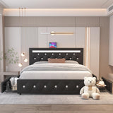 Benevika Queen Size Bed Frame with 4 Drawers and Charge Station, PU Leather Upholstered Bed with Adjustable LED Headboard, Wooden Slats Support, No Box Spring Needed, Black