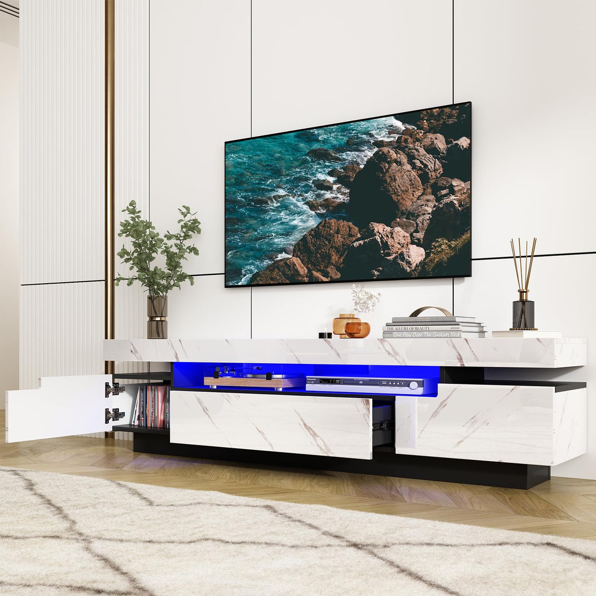 70IN White TV Stand for 75/80 inch TV,Modern LED TV Stand