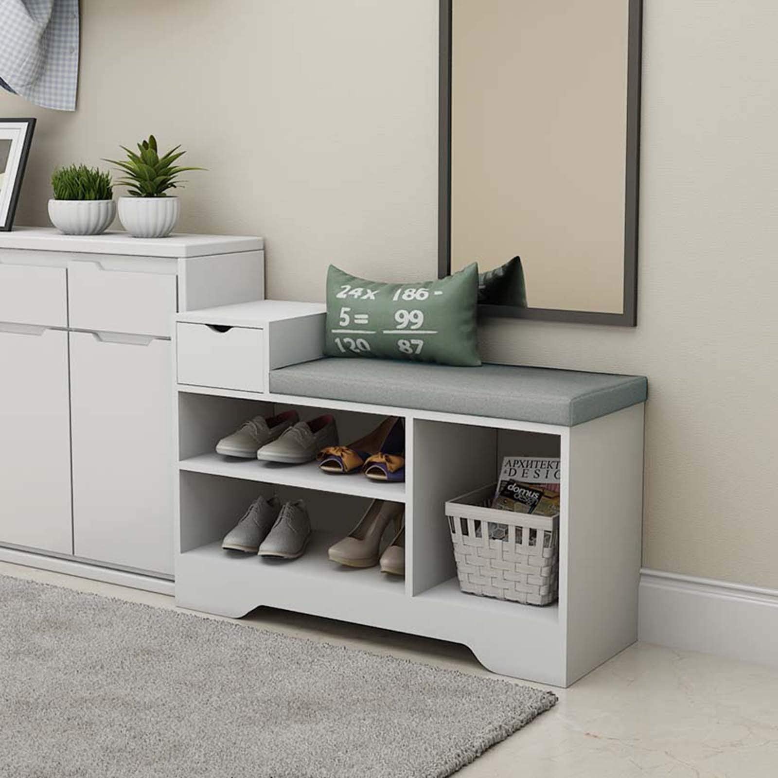 Shoe Storage Benches with Cushion Seating White