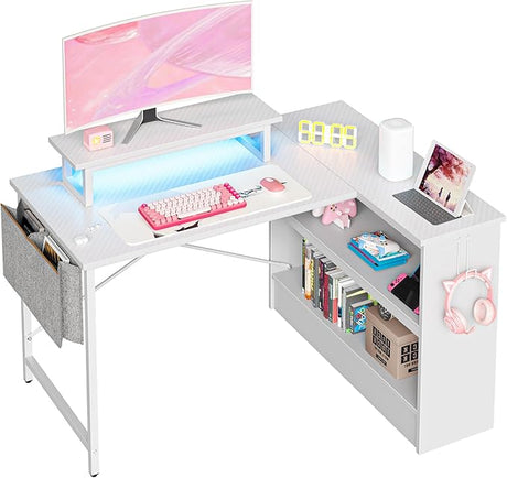 L Shaped Gaming Desk with LED Lights, 42 Inch Computer Desk with Monitor Stand & Open Storage Cabinet,Writing Study Corner Desk for Home Office Bedroom, White