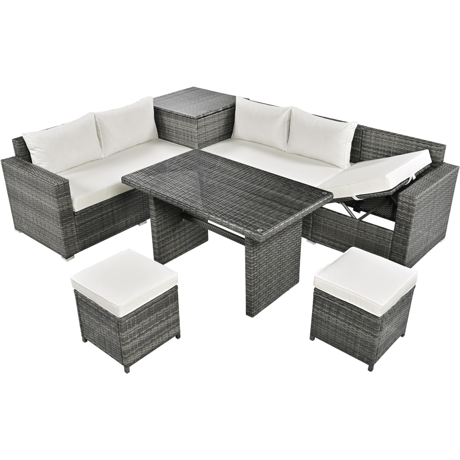 AEDNX Wicker Outdoor Patio Furniture Set with Storage, 6 Piece Patio Sofa Set with Ottoman Stool, Patio Conversation Sets Comforatable for Garden Yard (Grey Wicker and Beige Cushion, One Size)