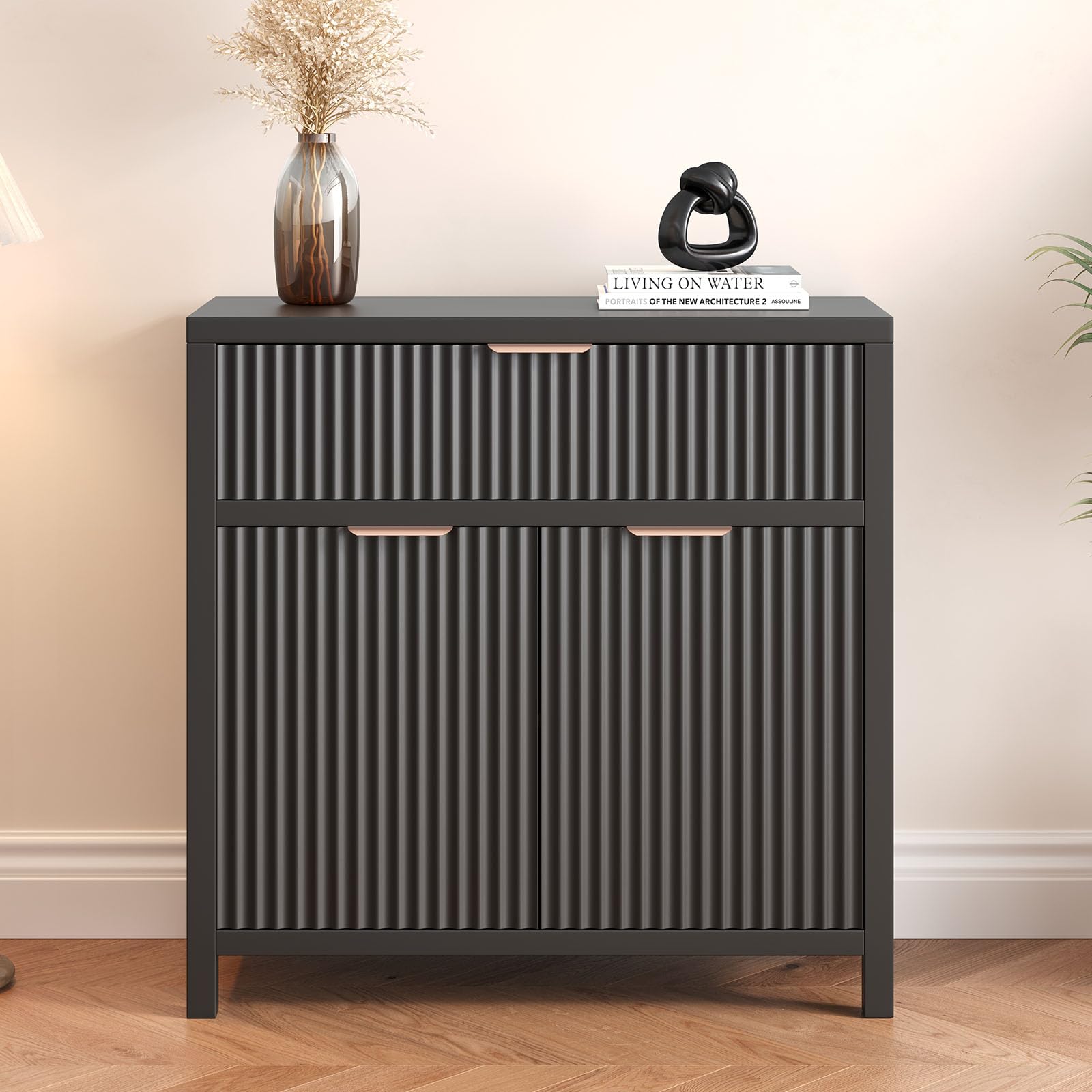 Modern Fluted Black Storage Cabinet with Adjustable Shelf
