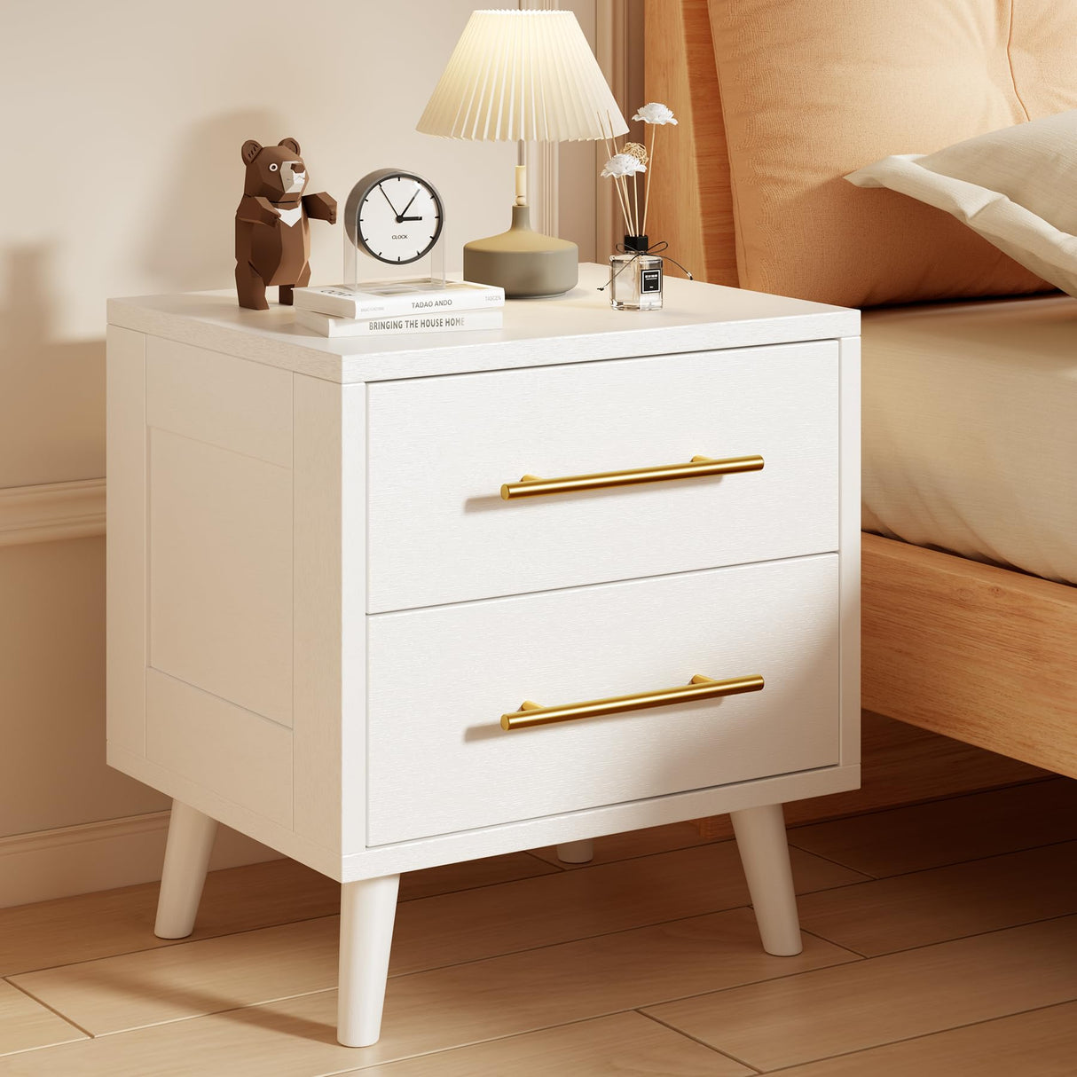 Nightstand, Bedside Table with Metal Handles, Modern Wood Night Stand