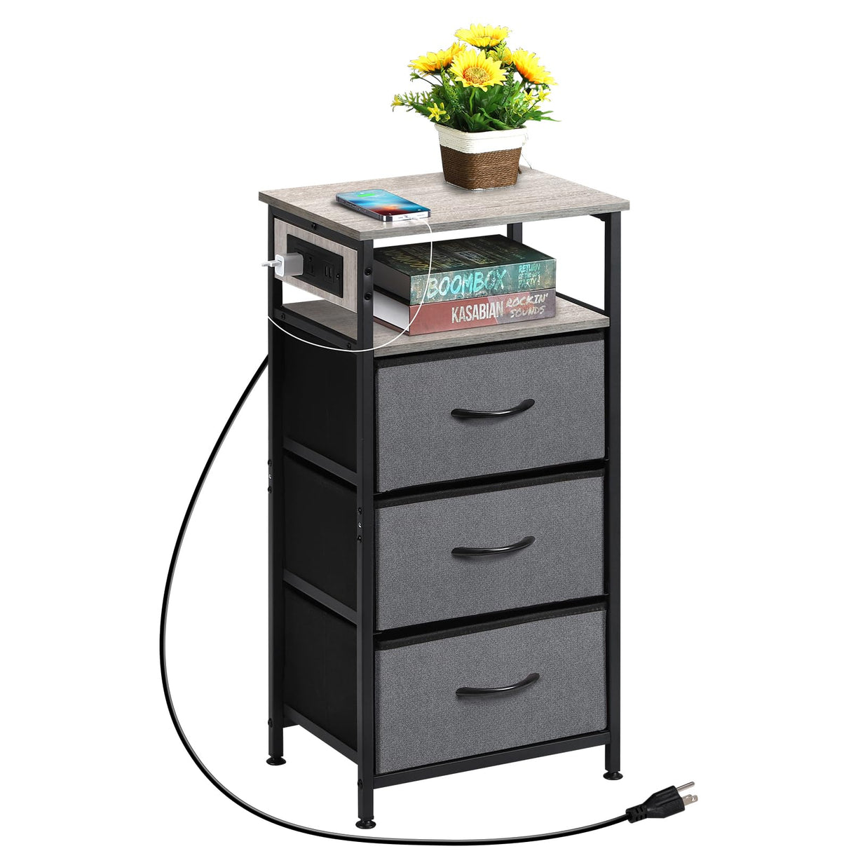 End Table with 3 Drawers and 2-Tier Shelf, Fabric Small Dresser Organizer Vertical