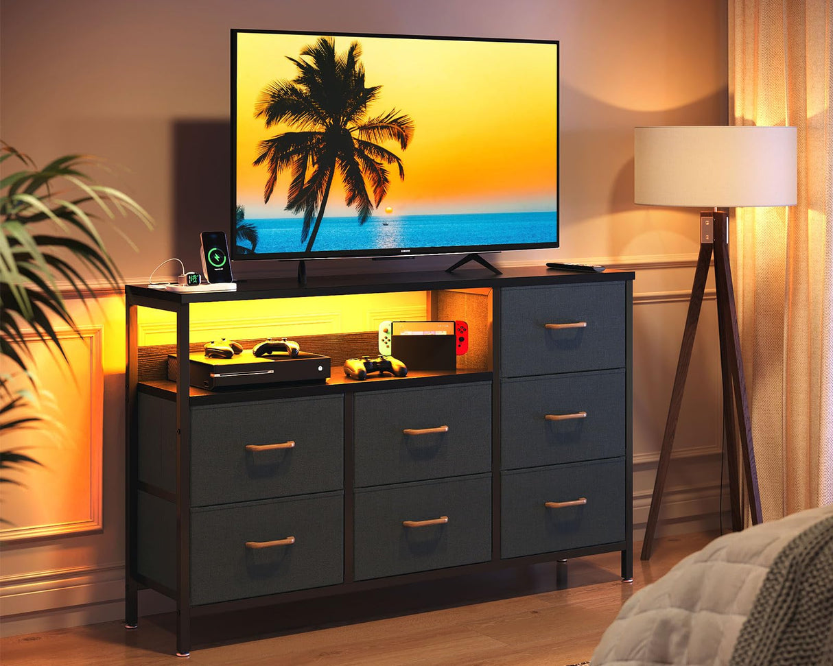 AODK TV Stand with LED Lights and Power Outlet, Long TV Stands for Living Room with 7 Large Storage Drawers and Shelves, Fabric TV Stand with Sturdy Frame and Wooden Top, Black