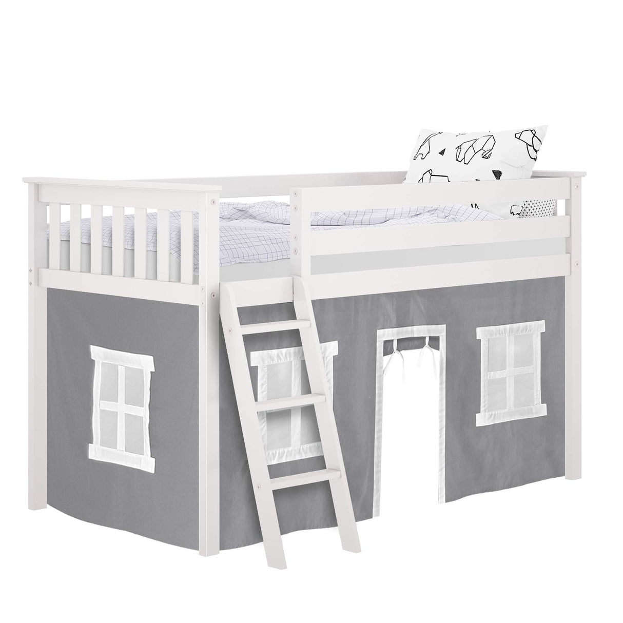 Low Loft Bed, Twin Bed Frame With Curtains For Bottom, White/Grey